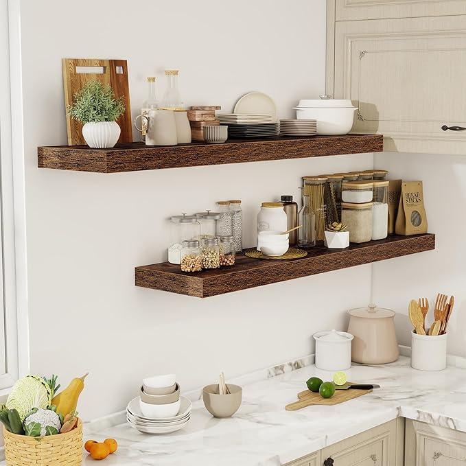 55 Inch Floating Shelves, 12" Deep Floating Shelf Wall Mounted, 55" Wall Shelves, Rustic Deep Bookshelf, Extra Deeper & Thicker Display Shelves for Bedroom, Living Room, Brown, Set of 2