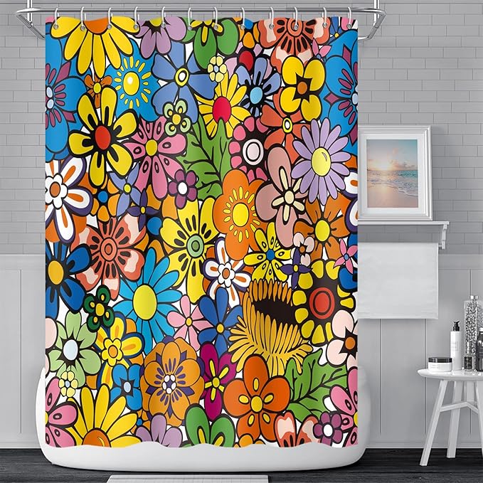 Bohemia Colorful Flowers Bathroom Shower Curtain Funky Retro Hippie 60s 70s Aesthetic Washable Polyester Durable Fabric Home Shower Curtain with Hooks, 48x72 Inch