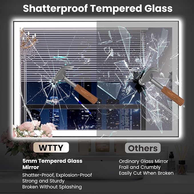 WTTY 40"X32" LED Bathroom Mirror with Black Frame, Bathroom Vanity Mirror with Lights for Wall, Front Light and Backlit, Anti-Fog, Dimmable, 3 Colors, Shatterproof, Memory, Horizontal/Vertical