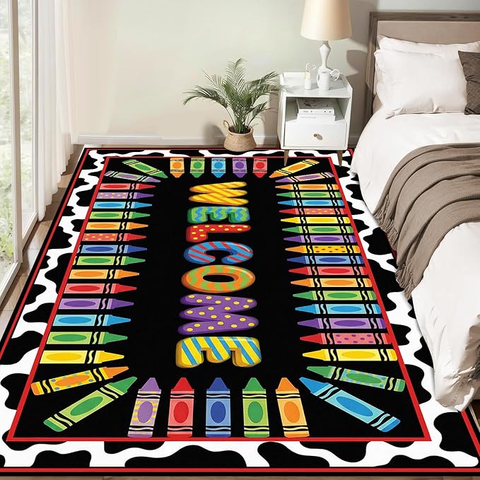 Welcome Crayon Area Rug 2'x3' Colorful Alphabet Rugs for Entryway Bedroom Living Room Nursery Playroom Classroom Home Decor Non-Slip Washable Carpet Kids Floor Mat