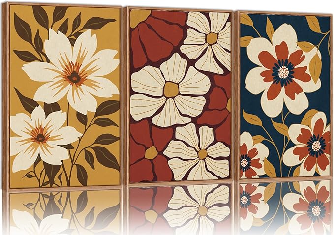 Rantodecor Large Vintage Floral Framed Canvas Wall Art Set, Mid Century Modern Wall Decor, Minimalist Retro Flowers Art Paintings, Beige Neutral Botanical for Bedroom Living Room Office 16"x24"x3