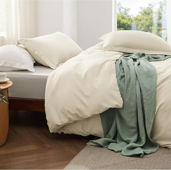 Bedsure Duvet Cover King Size with Fitted Sheet - 4 Pieces Prewashed Cotton-Like Soft Bedding Set, Includes 1 Duvet Cover 104x90 Inches with Zipper Closure, 2 Pillow Shams, 1 Fitted Sheet, Oat Milk