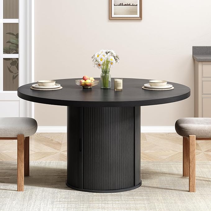 47 inch Round Dining Table for 4, Circle Kitchen Table with 2-Layer Storage Shelf and a Drawer, Modern Farmhouse Dinner Tables with Sliding Door and Wood Strip Base for Kitchen, Living Room (Black)
