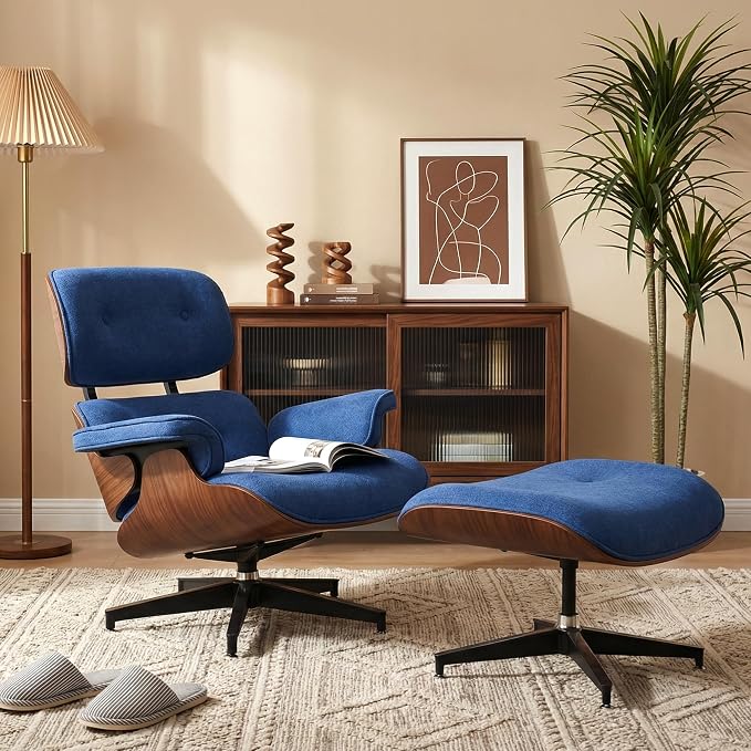 Chaise Lounge Chair with Ottoman, Top Black Grain Leather Recliner Chair, Modern Classic Office Chair with Ergonomic Lumbar Support, Heavy Duty Base Support for Bedroom Living Room Office (Blue)