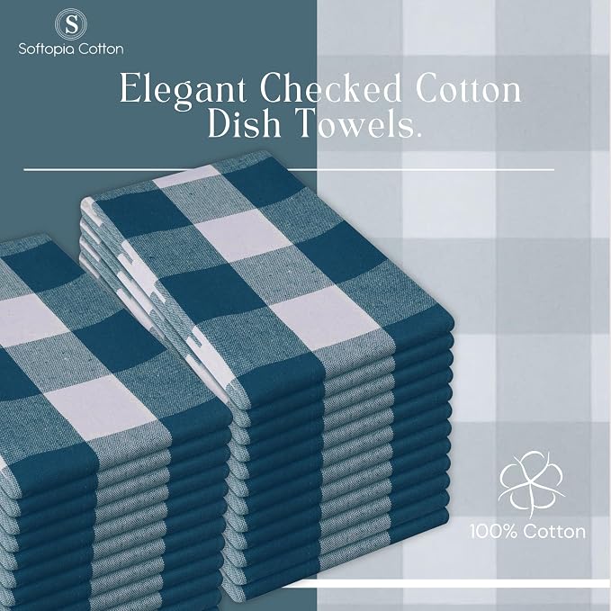 Teal Green Buffalo Check Kitchen Towels, 12 Pack, 100% Cotton, 16x26 Inches, Soft, Absorbent, Quick Dry, Dish Cloths, Bar & Restaurant Cleaning Towels with Hanging Loop, Teal White