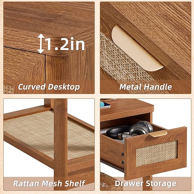 Lerliuo Narrow Night Stand Set of 2 with Charging Station, Boho Nightstand with Drawer, Bed Side End Table with Rattan Shelf for Small Spaces, Wood Nightstands Bedside Tables for Living Room Bedroom