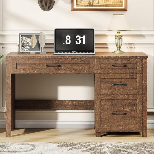 Vabches Farmhouse 47" Executive Desk, Computer Desk with File Drawer and Charging Station, Workstation for Home Office, Study.Red-Brown