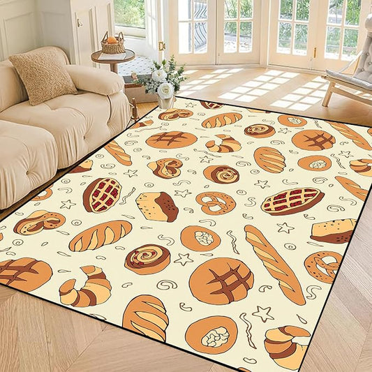 Cute Bread Area Rug 3D Cattoon Carpt Waffle Croissant and Muffin Rugs for Bedroom Living Room Kitchen Nursery Playroom Home Decor Washable Non Slip Floor Mat,5'x7'