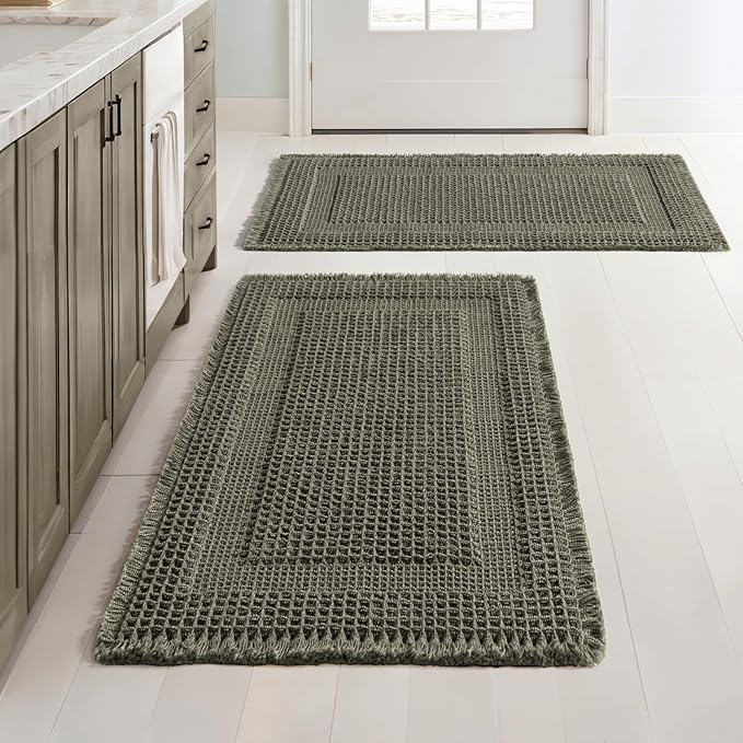 MIULEE Set of 2 Waffle Bathroom Rugs, Boho Bath Rug Super Absorbent, Non Slip Washable Ultra Soft Rubber Backed Shower Bath Mats for Floor, Tub, Shower, Looped Design, Green, 18x30 Inch