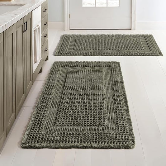 MIULEE Set of 2 Waffle Bathroom Rugs, Boho Bath Rug Super Absorbent, Non Slip Washable Ultra Soft Rubber Backed Shower Bath Mats for Floor, Tub, Shower, Looped Design, Green, 18x30 Inch