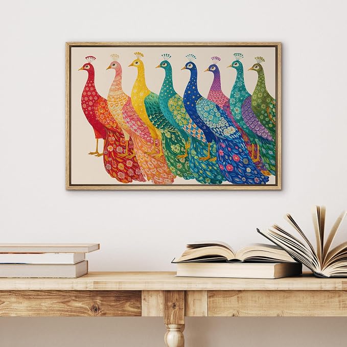 SIGNWIN Framed Canvas Print Wall Art Colorful Peacock Bird Row Folk Art Floral Pattern Rustic Landscape Relax/Calm for Living Room, Bedroom, Office - 16"x24" NATURAL