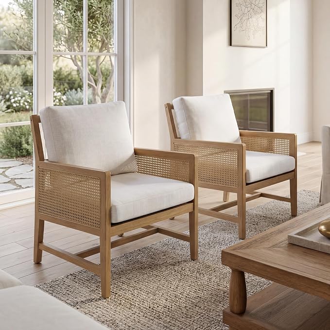 chairus Mid-Century Modern Accent Chair, Upholstered Solid Wood Armchair with Cane Armrests & Slat Back, Comfy Rattan Reading Chair for Living Room Bedroom Guest Room, Cream White Linen