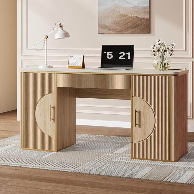 60" Fluted Computer Desk, Wooden Long Home Office Writing Desk with Drawer & Storage Cabinet, Modern Writing Table with Charging Station, High Executive Desk for Office，Bedroom, Nature Oak