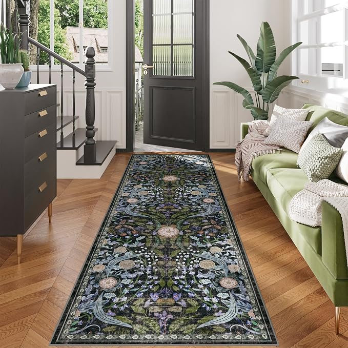 AMTOVO 2.7x8 Runner Rug for Hallway, Washable Non-Slip Long Kitchen Carpet, Floral Vintage Distressed Floor Mat for Hallways Entryway Living Room Laundry Room Bathroom Farmhouse, Black
