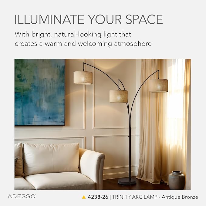 Adesso Arc Floor Lamp with 3 Movable Shades & Dimmable Brightness - Perfect Lighting for Bedroom, Living Room and Corner Decor, Antique Bronze