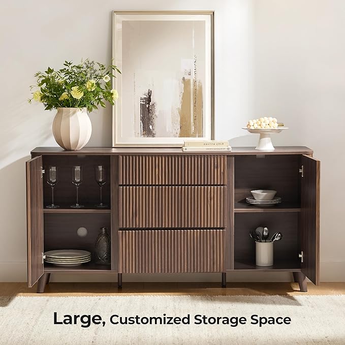 CHITA 62" Sideboard Buffet Cabinet with Storage, Living Room Accent Cabinet with Drawers, Doors and Adjustable Shelves, for Bar, Kitchen, Walnut