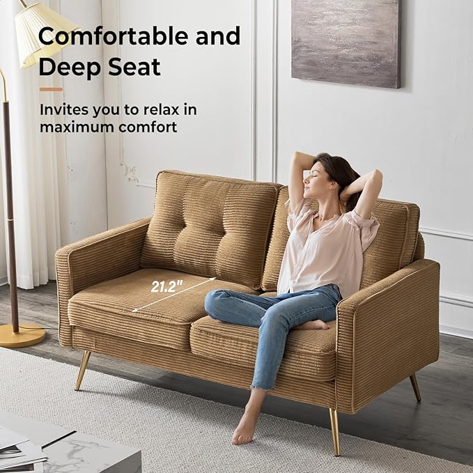 VINGLI 56" Modern Khaki Loveseat,Small Corduroy Sofa Couch Deep Seat for Living Room,2-Seater Loveseat Sofa for Bedroom,Apartment,Office,Dorm,Small Space