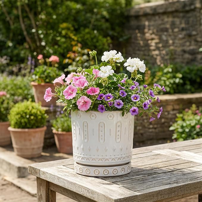 Eightpot Ceramic Planter, 6 Inch Pot for Plants with Drainage Holes and Tray, Round Plant Pots for Indoor Outdoor Plants, Boho Decorative Flower Pots, Home Room Decor, Gifts for Women, White