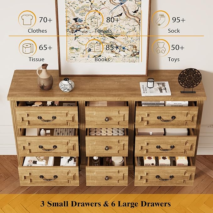 9 Drawer Dresser for Bedroom, 35.7" Tall Dresser & Chest of Drawers wtih Vintage Surface, Closet Storage Cabinet for Living Room, Hallway, Natural Oak
