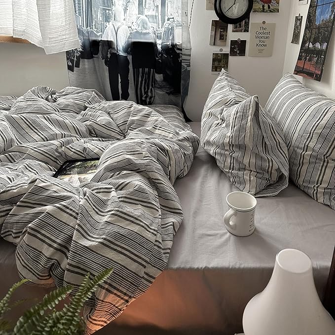 mixinni Vintage Gray & White Striped Duvet Cover Set - 3 Piece 100% Washed Cotton Twin XL Size Bedding | Minimalist Gender-Neutral Design | Ultra-Soft Breathable, with Zipper Closure & Corner Ties