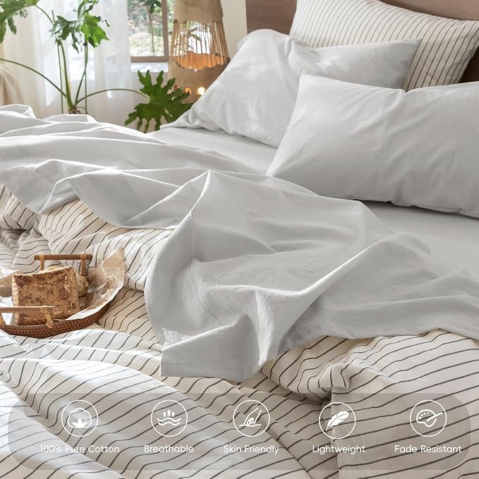 MooMee Bedding Sheet Set 100% Washed Cotton Linen Like Textured Breathable Durable Soft Comfy (Solid Light Blueish Grey, Queen)