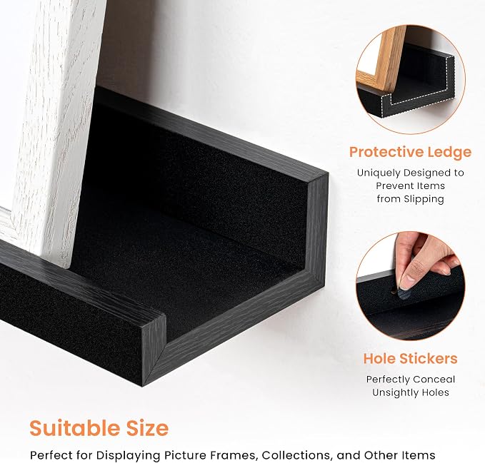 RICHFOCUS Picture Ledge Shelf, 36 inch Floating Shelves Set of 2, Wood Wall Shelves with Lip, Wall Decor Storage for Bedroom Living Room Bathroom Kitchen Nursery Photo Picture, Black