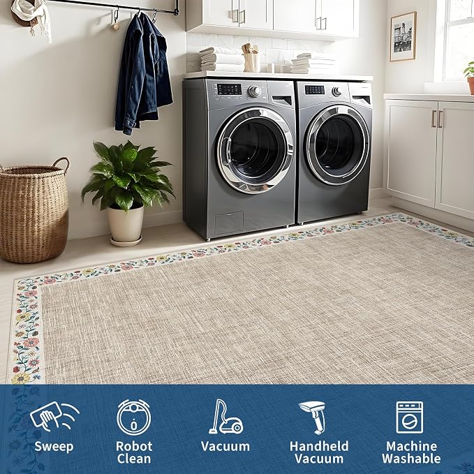 GarveeHome 10x13 Machine Washable Rugs for Living Room Large Area Rug Modern Floral Indoor Accent Carpet Low Pile Carpet Soft Throw Aesthetic Floor Cover for Bedroom Laundry Dining Room, Light Camel