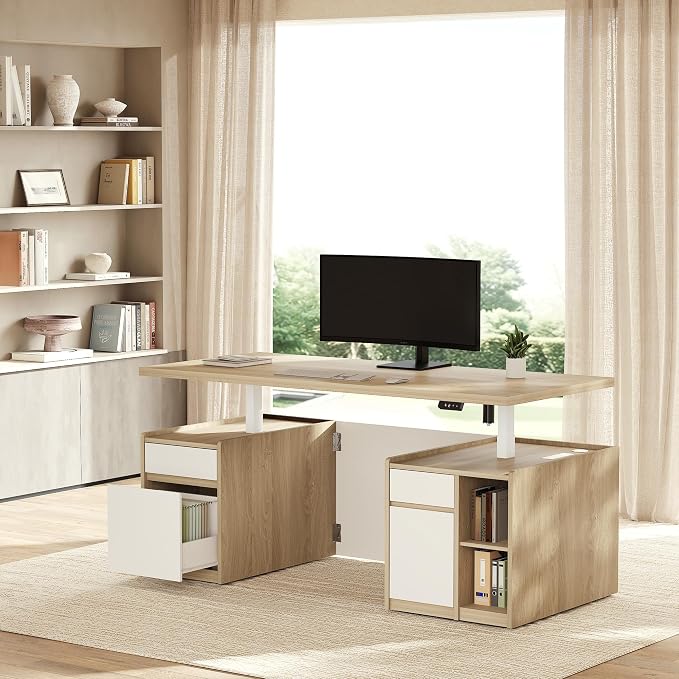 ModernMate Executive Standing Desk with Drawers & Storage, 70.8'' Adjustable Electric Stand Up Wood Desk with Privacy Panel, AC/USB, File Cabinet, Large One-Piece Desktop for Home Office, Light Walnut