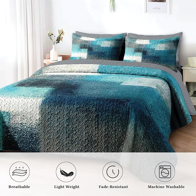 Pamnest Quilt Set Twin Size, Turquoise Grey Painting 2 Pcs Soft Bed Cover Bedding Set for Kids and Adults, Teal Contemporary Gray Lightweight Bedspread Coverlet with Pillow Sham for All Season
