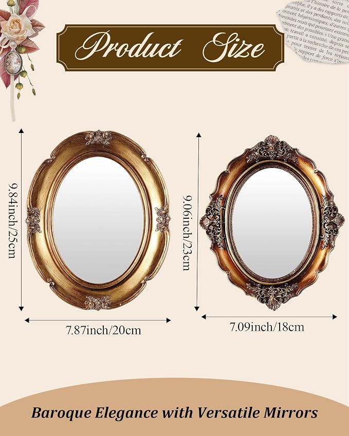 Wonderjune 3 Pcs Vintage Gold Mirror Set for Wall Decorative Resin Frame Ornate Antique Hanging and Tabletop Mirror for Home Dresser Gallery Decor Photography Props Gift (Retro Style)