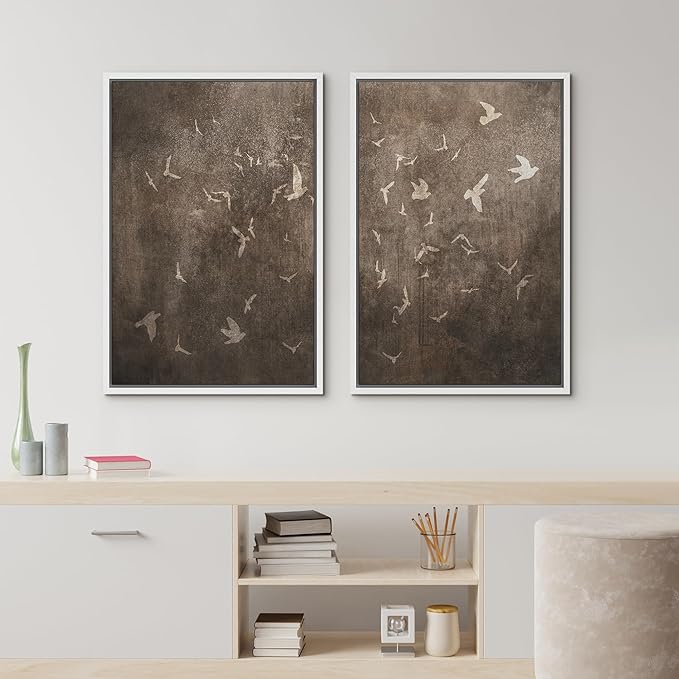 IDEA4WALL Framed Canvas Print Wall Art Set Flying Birds Silhouette Rustic Neutral Tone Abstract Illustrations Modern Art Decorative Calm/Zen for Living Room, Bedroom, Office - 24"x36"x2 White