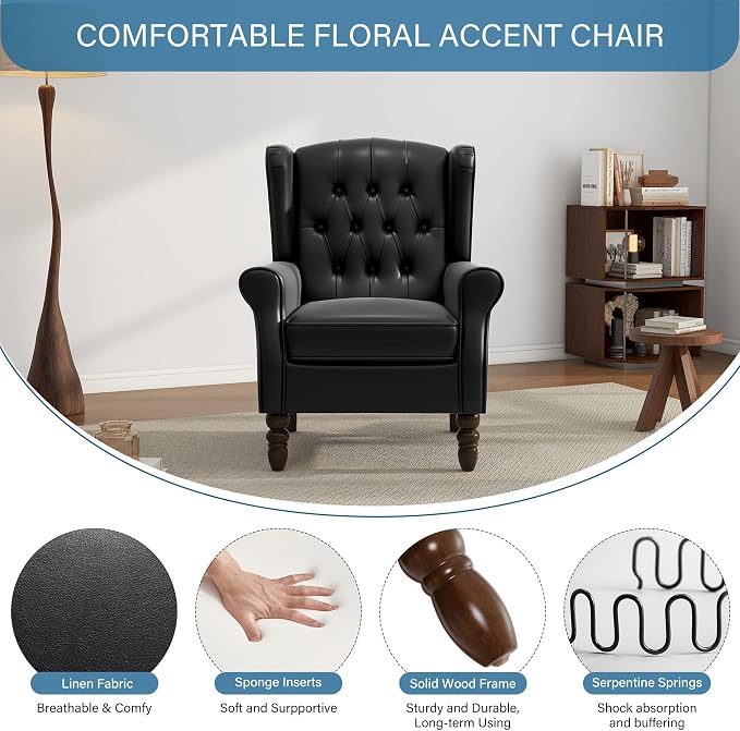Faux Leather Accent Chair, High Back Wingback Chair Upholstered Armchair for Living Room, Comfy Single Sofa Bedroom Reading Seat with Solid Wood Legs - Black