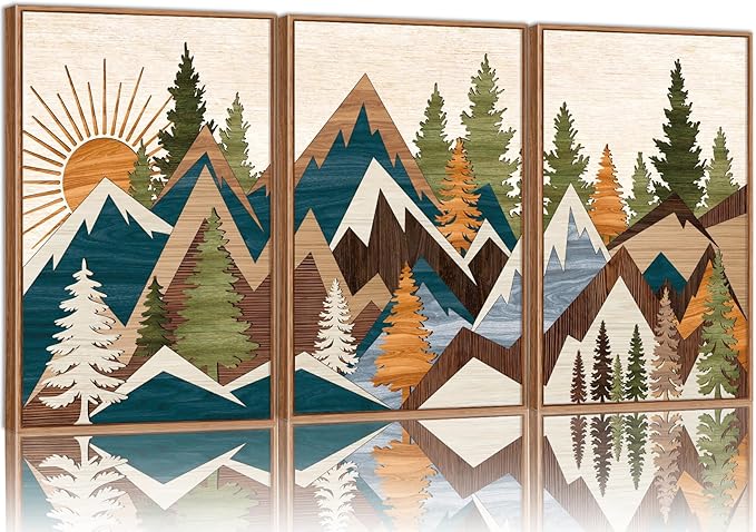 Tinonedraw Large Mountain Framed Canvas Wall Art, Boho Rustic Sunrise Forest Wall Decor, Vintage Woodsy Nature Art Painting, Modern Wilderness Trees Art Print for Living Room Bedroom Office 24"x36"x3