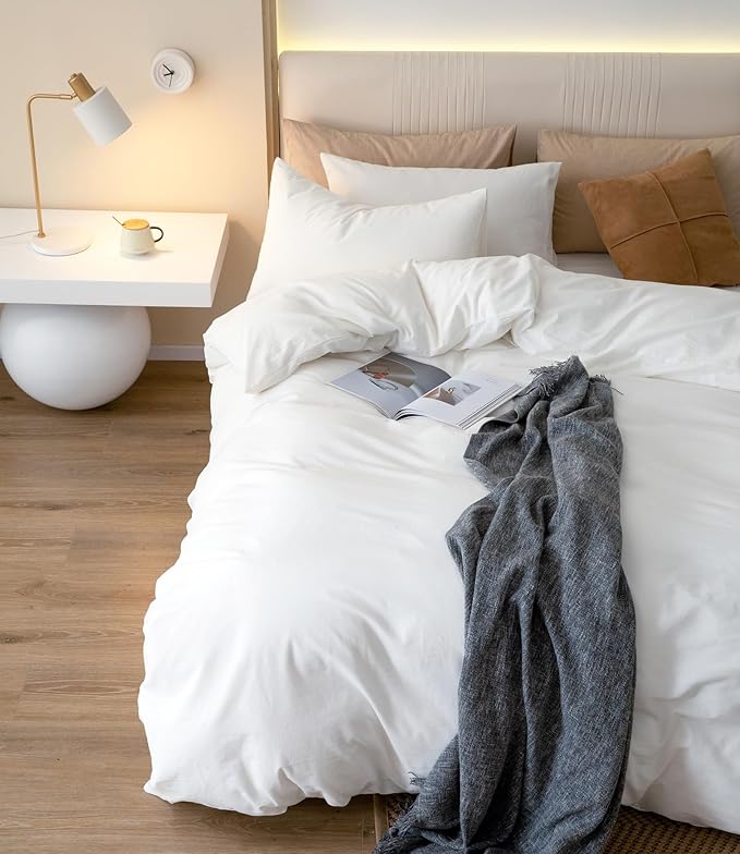 JIYUAN 100% Washed Cotton Duvet Cover Set 3 Pieces Super King, 1 Duvet Cover 108x98 Inches(Comforter Not Included) and 2 Pillowcases,Linen Feel Bedding Set Comfy and Breathable,Bright White