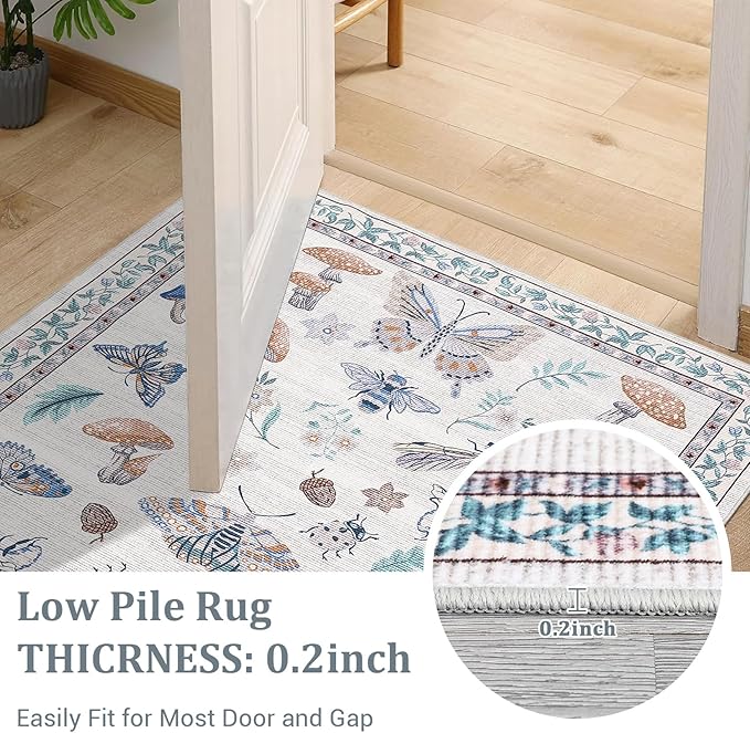 Washable 8x10 Rug for Living Room Vintage Mushroom Floral Accent Carpet Non Shedding Nursery Kids Room Rug Non Slip Soft Bedroom Large Area Rug Low Pile Boho Carpet for Dining Room Apartment, Beige