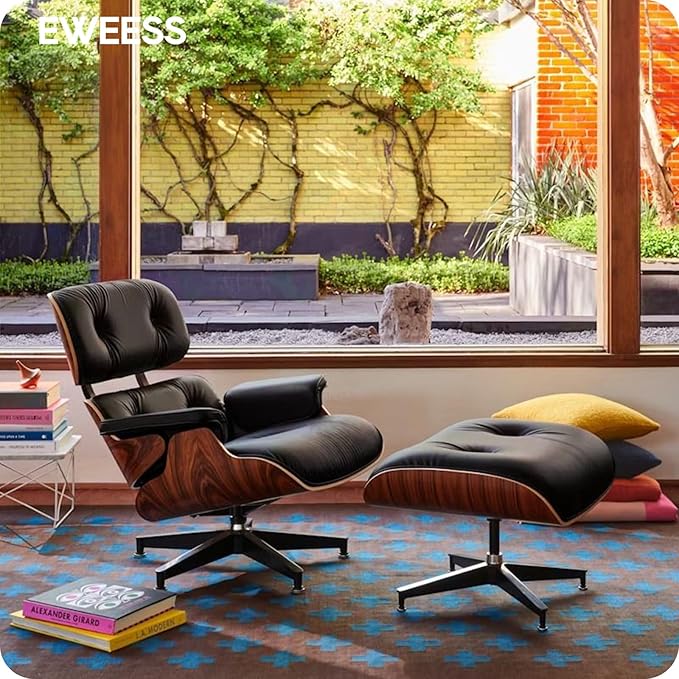 Top Black Grain Leather, Mid Century Chaise Lounge Chair and Ottoman, Modern Chair Classic Design, Palisander Wood, Heavy Duty Base Support for Living Room Office
