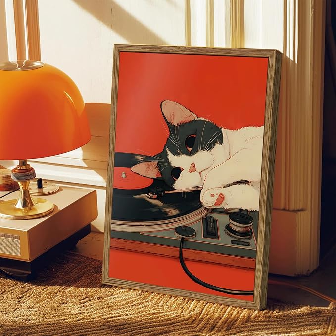 Cute Black and White Cat Wall Art Vintage Japanese Vinyl Record Wall Decor Painting, Retro Music Lover and Animal Poster Canvas Print Picture for Living Room Bedroom 12x16 inch Wood Framed