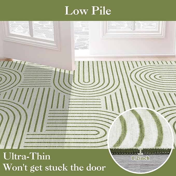 9x12 Area Rug Washable Modern Abstract Rugs for Living Room Non Shedding Soft Bedroom Boho Carpet Ultra-Thin Low Pile Living Room Floor Covers Abstract Lines Carpet for Playroom Kids Room, Green