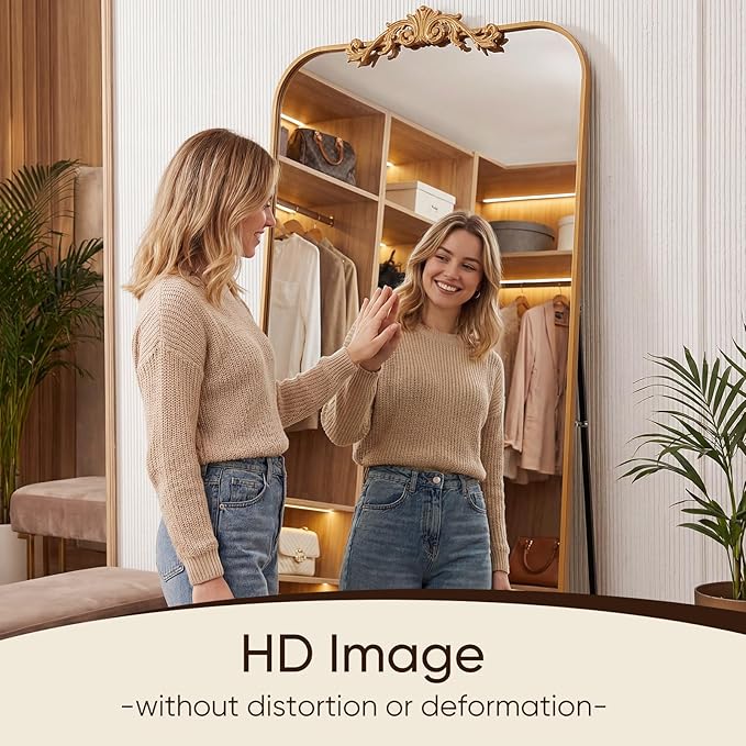 Antok Arched Full Length Mirror, 32"x71" Floor Mirror with Carved, Full Body Mirrors for HomeDecor, Large Wall Mirror with Corner Flower for Bedroom, Living Room, Gold, Luxury Style