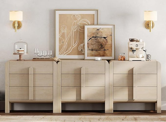 WAMPAT Large Sideboard Buffet Cabinet with Storage with 9 Drawers,Modern French 94.5" W Buffet Cabinet with Storage,Wood Coffee Bar Cabinets with Curved Edge Design for Kitchen Living Room,Light Oak