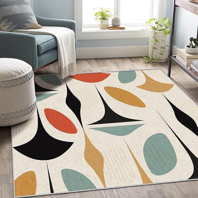 50s Rugs for Living Room 5x6, Mid Century Retro Geometric Abstract Modern Pattern Design Area Rug, 50s Bedroom Decor Carpet, Non Slip, Washable (RG645)