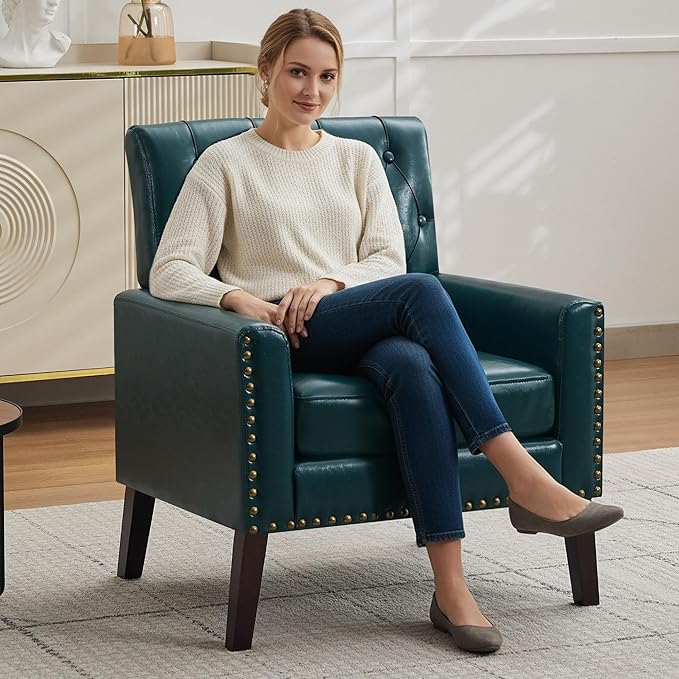 Mid Century Modern Accent Chair, Blue Faux Leather Office Chair for Reception - Tufted Leather Club Chair for Living Room, Bedroom, or Waiting Room