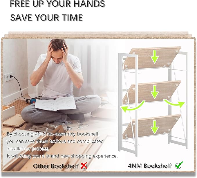 4NM No Assembly 3 Tiers Collapsible Book Shelves, Folding Bookshelf Bookcase Open Industrial Foldable Shelves for Bedroom, Living Room, Home Office - Natural White