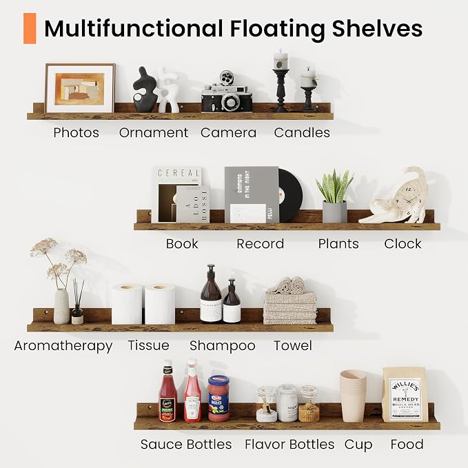 RICHFOCUS Picture Ledge Shelf, 30 inch Floating Shelves Set of 2, Wood Wall Shelves with Lip, Wall Decor Storage for Bedroom Living Room Bathroom Kitchen Nursery Photo Picture, Rustic Brown