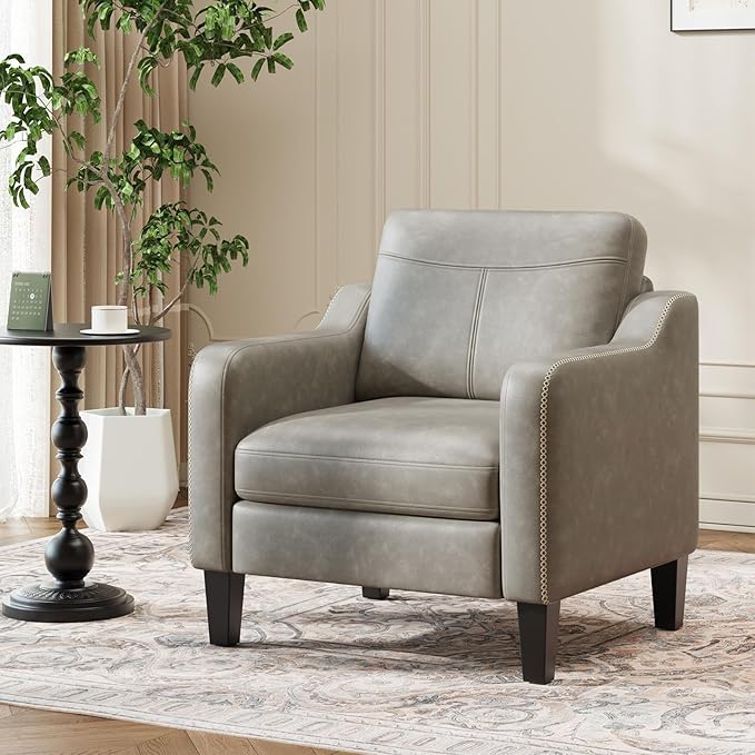 MALOL PU Leather Accent Chair Set of 2, Mid-Century Modern Living Room Armchair Sofa with Removable Cushions, Solid Wood Frame & Stitched Armrest Design, Bedroom Chair with Plastic Legs, Grey