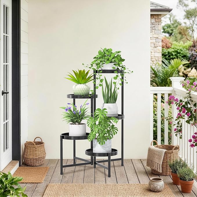 iDavosic.ly 5 Tier Large Plant Stand with Garden Tools, Tiered Corner Metal Indoor Outdoor Flower Display Holder Shelf with 10 Inch Wide Tray, Folding Tall Rack for Patio Porch Living Room, Black