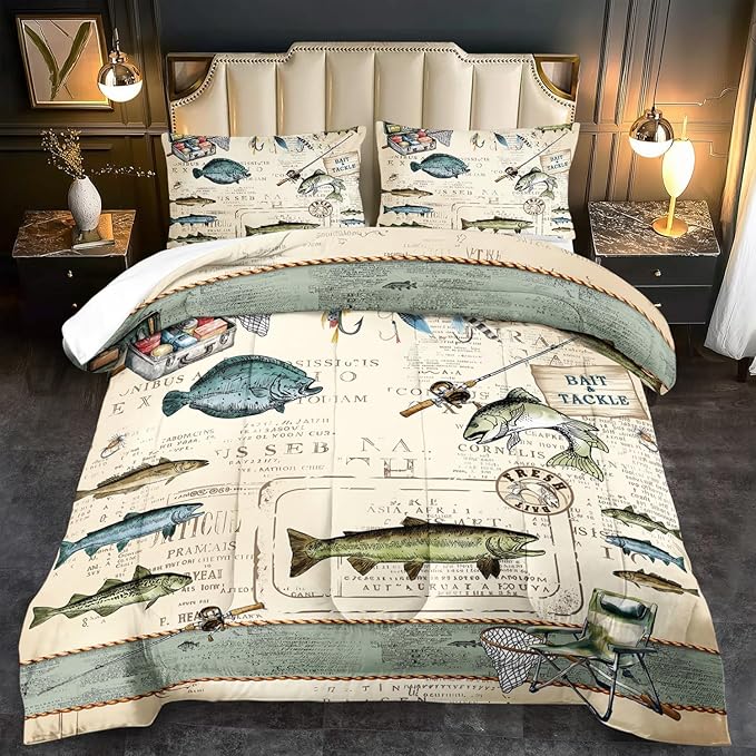 Fish Comforter Set Twin,Nautical Bedding Set Twin for Boy,Ocean Bedding Striped Quilt,Coastal Comforter Fishing Birthday Party Decorations,Nautical Quilt Fishing Decor for Kids and Adult