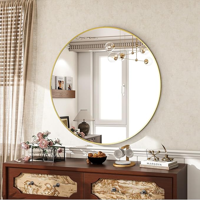 Round Mirror Wall Mounted Mirror - 24" Gold Circle Mirror Bathroom Vanity Mirror with Aluminum Frame for Bedroom Living Room Entryway Decor