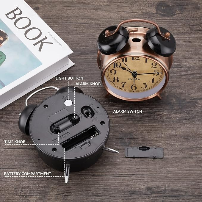 Rjuwurv 4" Twin Bell Alarm Clock with Night Light - Desk & Bedroom Alarm Clock (Black)