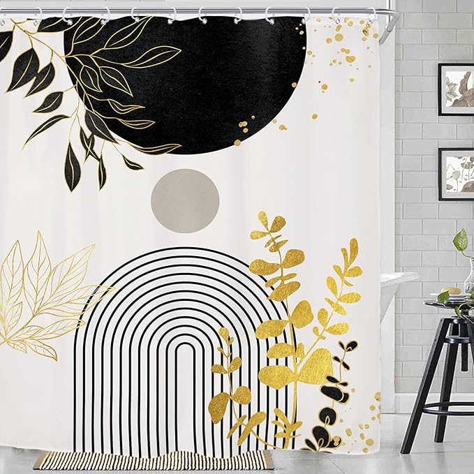 Riyidecor Black Gold Extra Long Shower Curtain for Bathroom Decor 72Wx84H Boho Mid Century Modern Abstract Gold Leaves Minimalist Geometric Art Printed Fabric Polyester Waterproof 12 Pack Plastic Hook